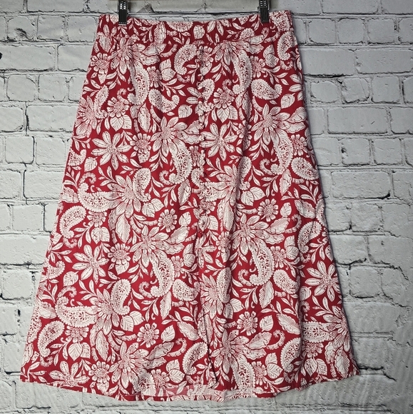 Loft Paisley Button Pull On Midi Skirt Front Silt Tango Red Cotton Blend Size M - Picture 3 of 13
